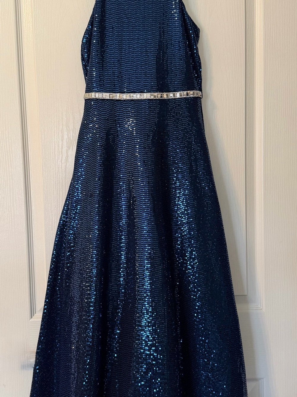 Girls Navy Sequin Halter Dress with Rhinestone Waistband